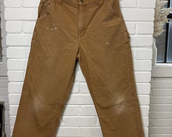 Vintage Carhartt Dungaree Carpenter Work Wear Beige Brown Pants Size 36W