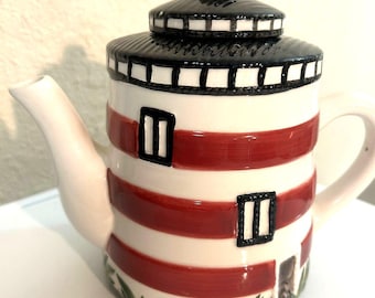 Patriotic Red White Blue Teapot, Americana Ceramic Pitcher, 8 Inch Fourth of July Kitchen Decor, Vintage Mont Chef