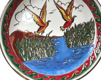 Hand Painted Greek Ceramic Plate Manousakis Keramik Rhodes Birds Folk Art