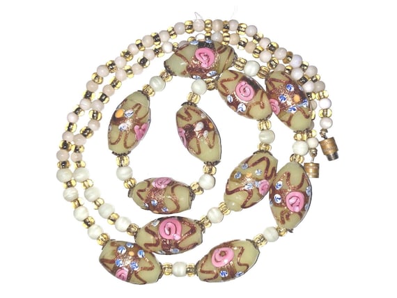1950s Venetian Murano Art Glass Necklace – Handpainted Italian Floral Beads