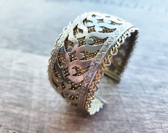 Vintage two tone filigree ornate cuff style bracelet- signed by Volupte