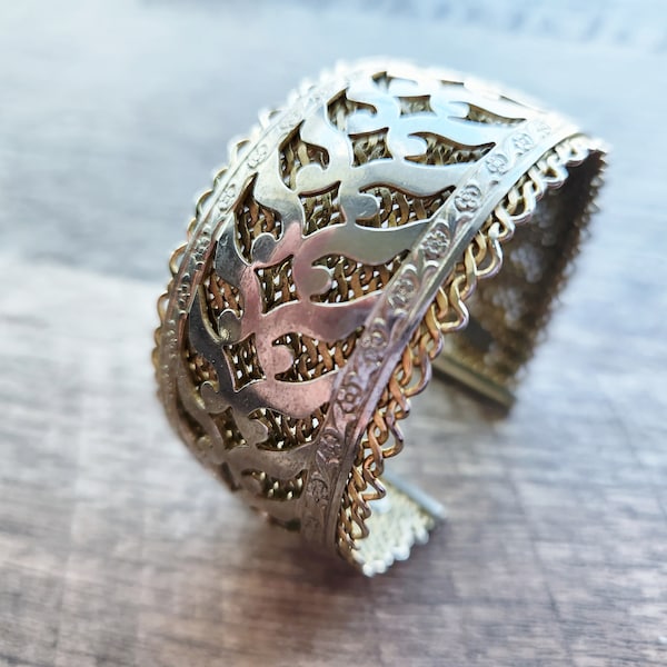 Vintage two tone filigree ornate cuff style bracelet- signed by Volupte