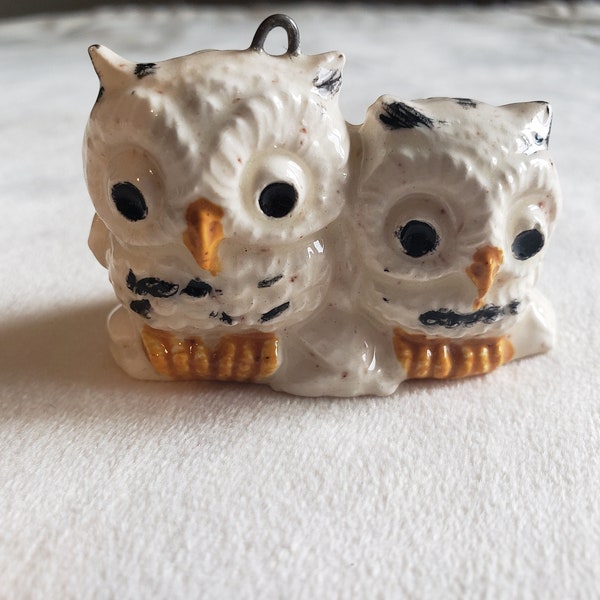 Vintage Ceramic Owl Pair Ornament Figurine- Hand Painted