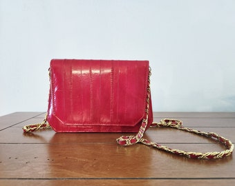Vintage Red Eel Skin Crossbody Purse with Chain Strap