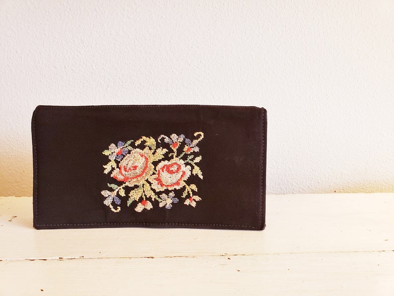 Vintage Petit Point Black Fabric Floral Clutch Purse - Etsy