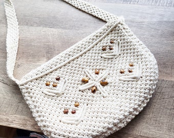 Vintage Large Macrame Handbag with Wood Bead Accents