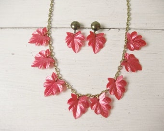 Vintage Pink Leaf Charm Necklace and Matching Earrings Set