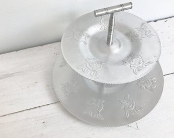 Vintage Silver-Tone Two Tier Tin Serving Tray with Embossed Rose Design- Made in Canada