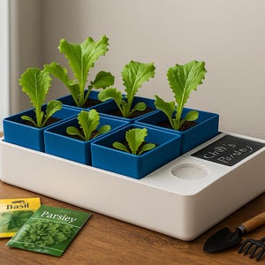 Puede incluir: Un sistema de jardinería interior compacto con seis macetas cuadradas azules, cada una con plantas verdes jóvenes. El sistema se encuentra sobre una base blanca con una etiqueta de pizarra e incluye sobres de semillas y pequeñas herramientas de jardinería.