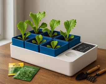 May include: A white and blue indoor herb garden with six small blue pots containing green leafy plants. Two seed packets, a small shovel, and a rake are on the wooden surface. The garden has a chalkboard label that says "Chilli's Parsley".