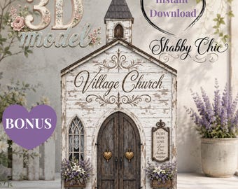 May include: A 3D model of a white wooden village church with a distressed finish, featuring a dark arched double door with heart-shaped gold handles, a steeple, and window boxes filled with purple flowers. A sign reads Faith Hope Love.