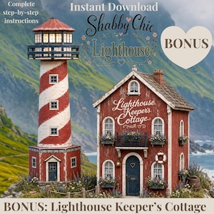 Op de afbeelding: Een digitale download met een rood-wit gestreepte vuurtoren en een rood huisje met het label Lighthouse Keeper's Cottage. De afbeelding bevat de tekst Instant Download, Shabby Chic Lighthouse en BONUS: Lighthouse Keeper's Cottage.