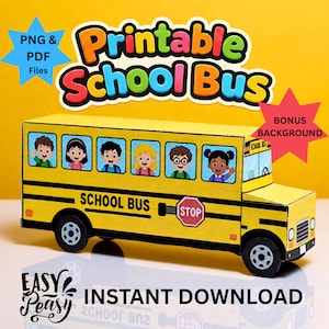 Op de afbeelding: Een gele papieren schoolbus met zes geïllustreerde kinderen in de ramen, een rood stopbord en zwarte wielen. De tekst luidt Printable School Bus, PNG & PDF Files, BONUS BACKGROUND en EASY PEASY INSTANT DOWNLOAD.