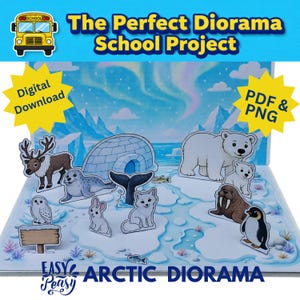 Op de afbeelding: Een digitaal diorama-schoolproject met een arctische scène met een ijsbeer, welp, walrus, pinguïn, rendier, zeehond, poolvos, sneeuwuil en konijn. De achtergrond toont bergen en het noorderlicht. Tekst: The Perfect Diorama School Project.