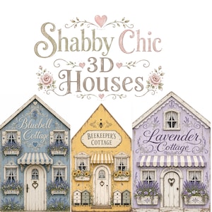 以下が含まれることがあります： 「Bluebell Cottage」、「Beekeeper's Cottage」、「Lavender Cottage」と書かれた3つの木製ハウス型カットアウト。青、黄、紫の家には、描かれた窓、フラワーボックス、ストライプ柄のオーニング、ハート型のドアの装飾が施されています。