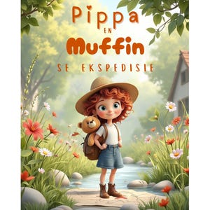 May include: A colourful illustration of a young girl with red curly hair, wearing a straw hat, white top, denim skirt, and brown boots. She carries a teddy bear backpack. The image includes text that reads "Pippa en Muffin SE EKSPEDISIE".