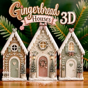 Op de afbeelding: Drie decoratieve 3D-peperkoekhuisjes met witte glazuurdaken, hartaccenten en miniatuurboompjes. Het middelste huis heeft een roze deur met een krans, terwijl de zijhuizen groene en witte deuren hebben. De tekst luidt Gingerbread Houses 3D.