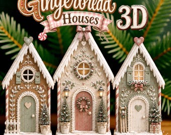 May include: Three decorative 3D gingerbread houses featuring white icing roofs, heart accents, and miniature trees. The central house has a pink door with a wreath, while the side houses have green and white doors. Text reads Gingerbread Houses 3D.