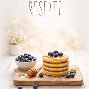 Op de afbeelding: Een stapel pannenkoeken met bosbessen en honing op een houten plank. Een kom met bosbessen en een honingdipper zijn ook aanwezig. Het woord "RESEPTE" staat bovenaan de afbeelding.