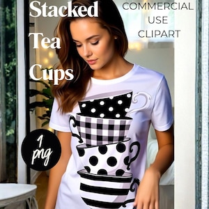 Stacked Tea Cups Clipart – Black & White Teacups PNG, Monochrome Pattern Cups, Commercial Use Graphic