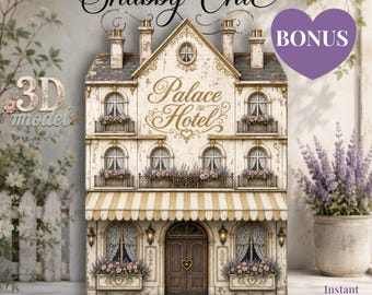 May include: A 3D paper craft model of a multi-story building labeled Palace Hotel. The structure features a cream-colored facade, arched windows with white curtains, flower boxes with pink and purple flowers, and a striped awning over the entrance.