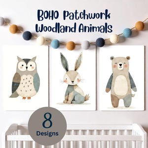 Patchwork Woodland Animals Nursery Wall Art Set | Neutral Forest Animal Prints | Boho Scandinavian Baby Room Decor