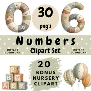 Puede incluir: Un conjunto de imágenes prediseñadas digitales con los números 0 y 6, y el texto "Numbers Clipart Set". La imagen también incluye 30 PNG y 20 elementos de imágenes prediseñadas de guardería adicionales, como globos y bloques.