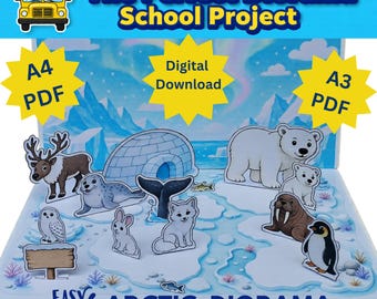 Utskrivbart arktiskt diorama | Papperspyssel med polardjur | Skolprojekt PDF | Digital nedladdning i A4 och A3