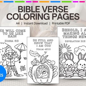 Op de afbeelding: Een set van 15 printbare kleurplaten met Bijbelteksten en illustraties. De pagina's bevatten teksten zoals "Hij zal tot ons komen als regen" (Hosea 6:3), "Wees stil en weet dat Ik God ben" (Psalm 46:10) en "Zie, Ik maak alle dingen nieuw" (Openbaring 21:5).