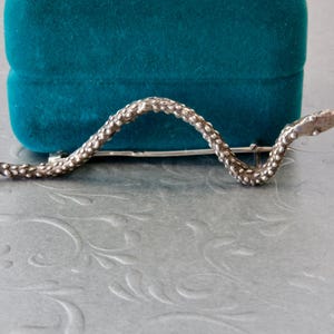 Può includere: Una spilla in metallo color argento a forma di serpente sottile e sinuoso con una superficie ruvida e testurizzata. Il serpente è raffigurato in una posizione curva e ondulata, con una testa definita e un lungo corpo che si estende in orizzontale.
