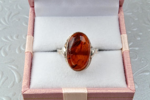 Sterling silver amber ring, Vintage silver ring oval cognac amber