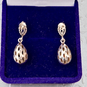 Sterling silver drop earrings, Hanging drop with holes, Silver teardrop earrings