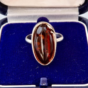 Amber sterling silver ring, Oval ring with natural cognac amber, Handmade silver ring