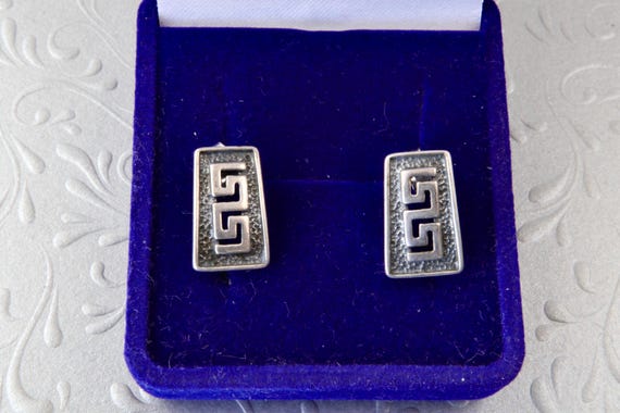 Rectangular sterling silver stud earrings Greek p… - image 1