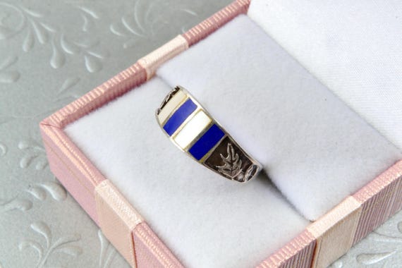 Solid sterling silver striped ring with blue and … - image 2