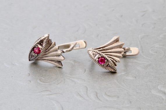 Vintage Soviet Sterling Silver Ruby Earrings, Abs… - image 9