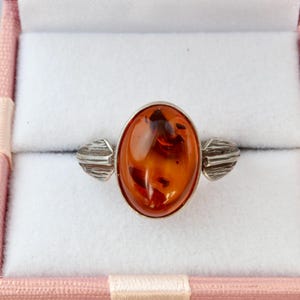 Sterling silver amber ring, Oval ring with cognac amber, Vintage silver ring with natural Baltic amber