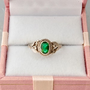 Vintage smaragdring i sterlingsilver, ring med blommig grön strass och löv, storlek 5