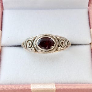 Sterling silver garnet ring, 925 silver ring with ornament, Red garnet ring