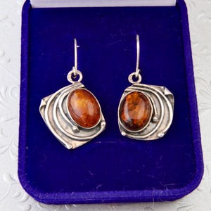 Sterling silver amber earrings, Handmade modernist earrings, Vintage silver earrings cognac amber