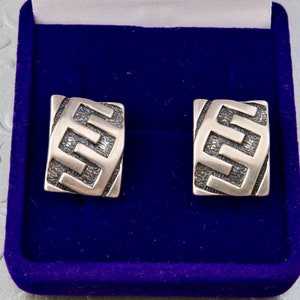 Può includere: Un paio di orecchini rettangolari color argento con un design geometrico a forma di S, lucido e in rilievo, su uno sfondo scuro, testurizzato e ossidato. Gli orecchini sono presentati all'interno di un portagioie foderato in velluto blu.