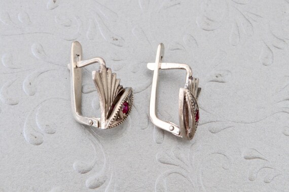 Vintage Soviet Sterling Silver Ruby Earrings, Abs… - image 4