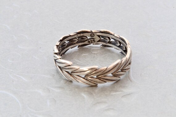 Sterling silver solid stripe ring, Silver leaves … - image 6
