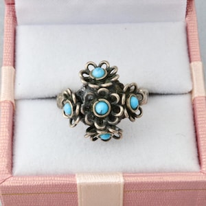 Silver ring blue turquoise, Vintage handmade flower ring