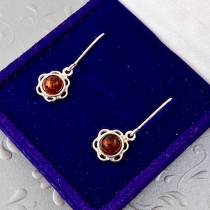 Sterling silver amber earrings, Dangle round earrings, Small silver earrings cognac amber