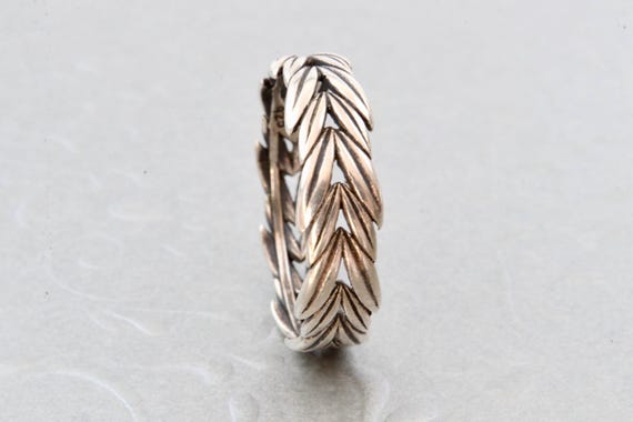 Sterling silver solid stripe ring, Silver leaves … - image 8