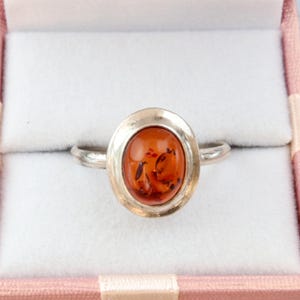 925 Sterling silver amber ring, Minimalistic oval ring with cognac amber, Natural Baltic amber
