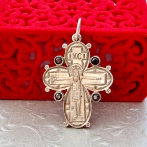 Crucifix pendant, Sterling silver cross with crucifix, Silver cross with red garnet, Christian jewelry