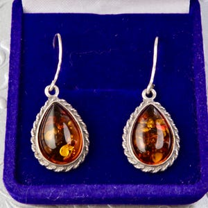 Sterling silver amber earrings, Hanging drop earrings cognac amber