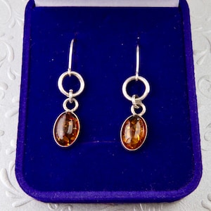 Amber sterling silver earrings, Oval dangle earrings cognac amber